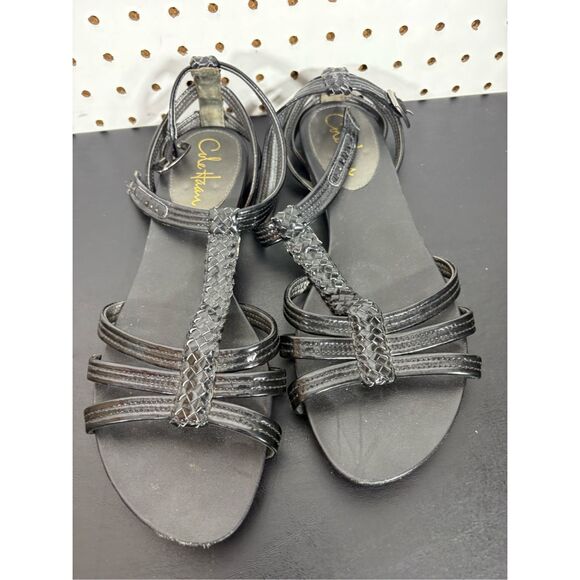 Cole Haan Black Ankle Strap Patent Leather Lightweight Flat Sandals Womens 10 - Picture 1 of 9